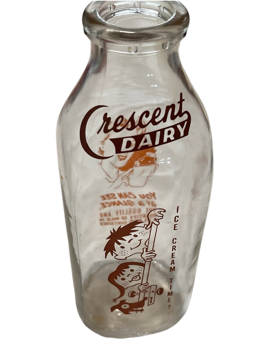 Vintage Crescent Dairy Glass Milk Bottle 1 Quart Graphics Kokomo, IN